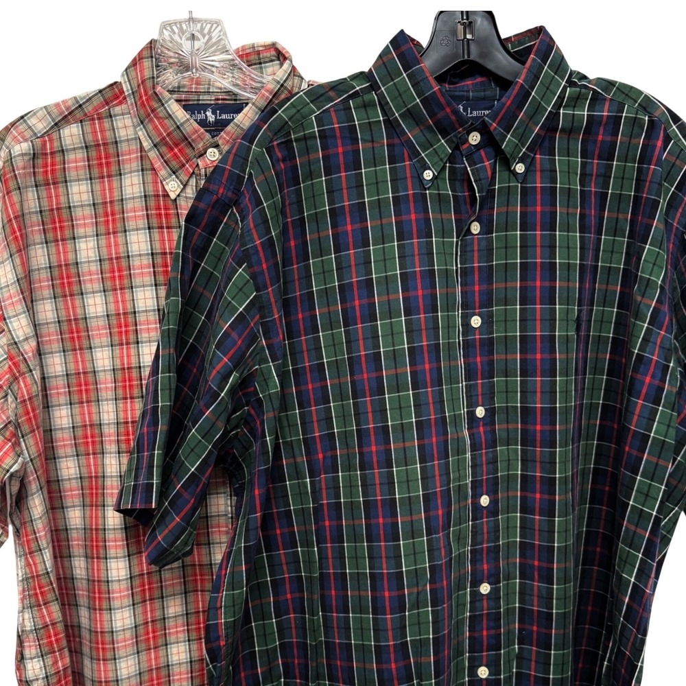 Lot of 2 Ralph Lauren Men L Short Sleeve Plaid Cotton Button Down Shirts Pony